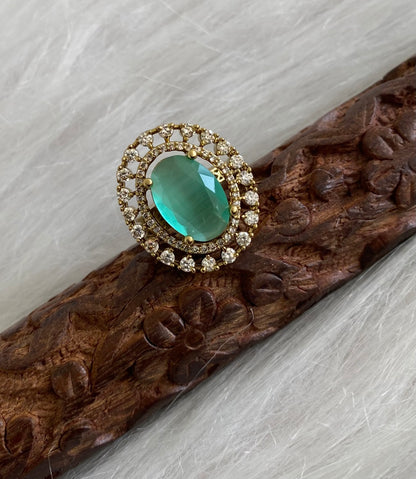 Antique gold tone cz white-sea green stone finger ring dj-55034