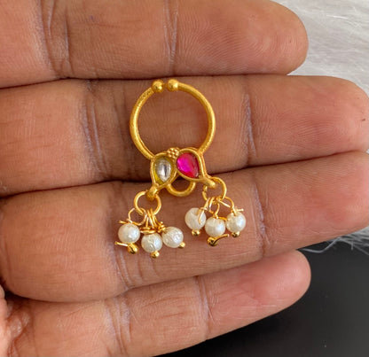 Gold tone kundan jadau pink-white stone pearl nose pin/bulakku dj-53807