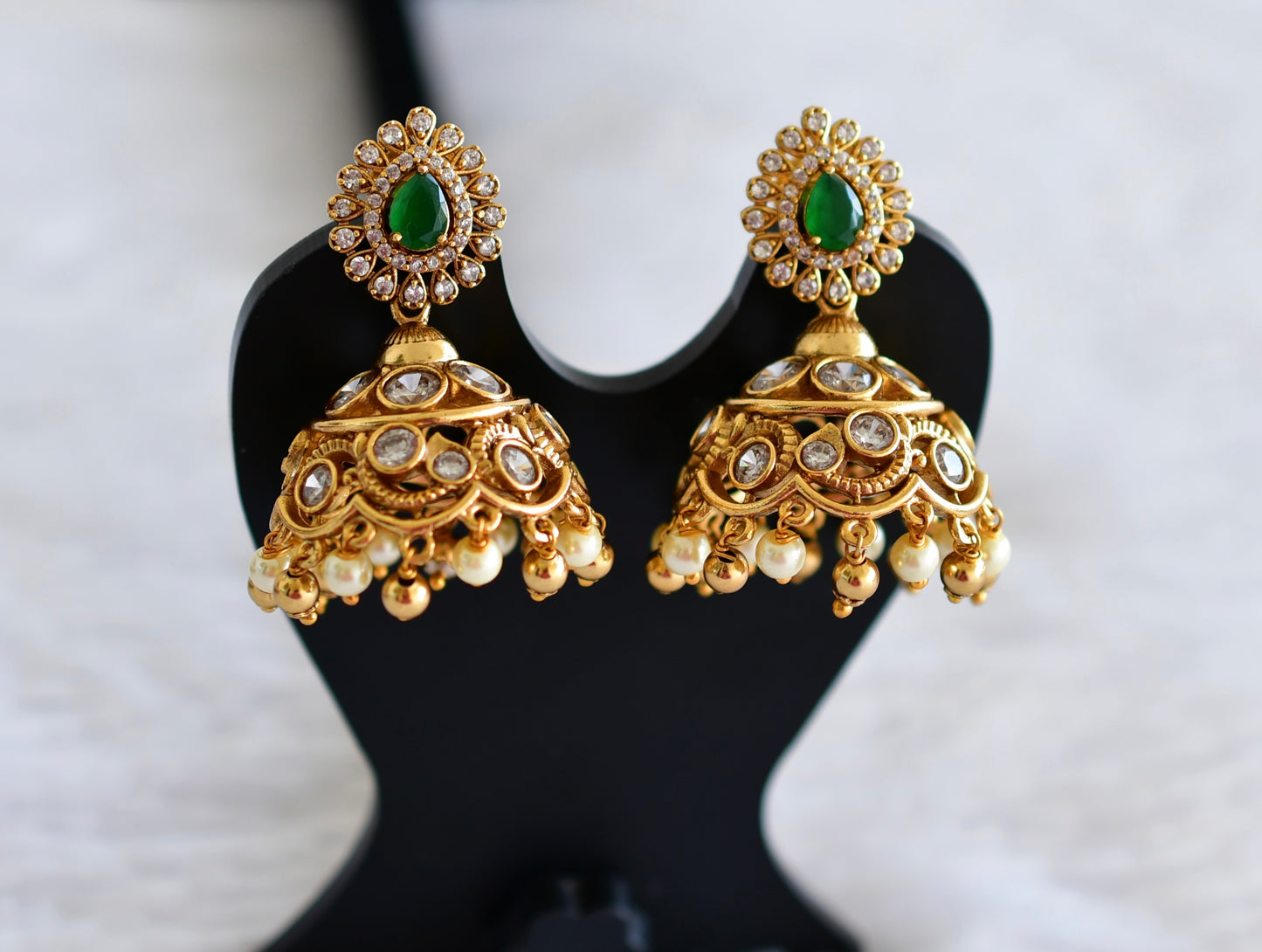 Antique gold tone green-pearl jhumkka dj-51937