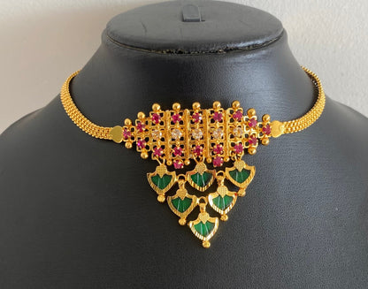 Gold tone kerala style pink-green-white palakka choker necklace dj-54132