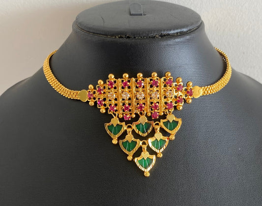 Gold tone kerala style pink-green-white palakka choker necklace dj-54132