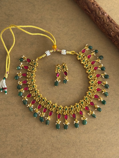 Matte finish pink-green kundan jadau beaded mango necklace set dj-51545