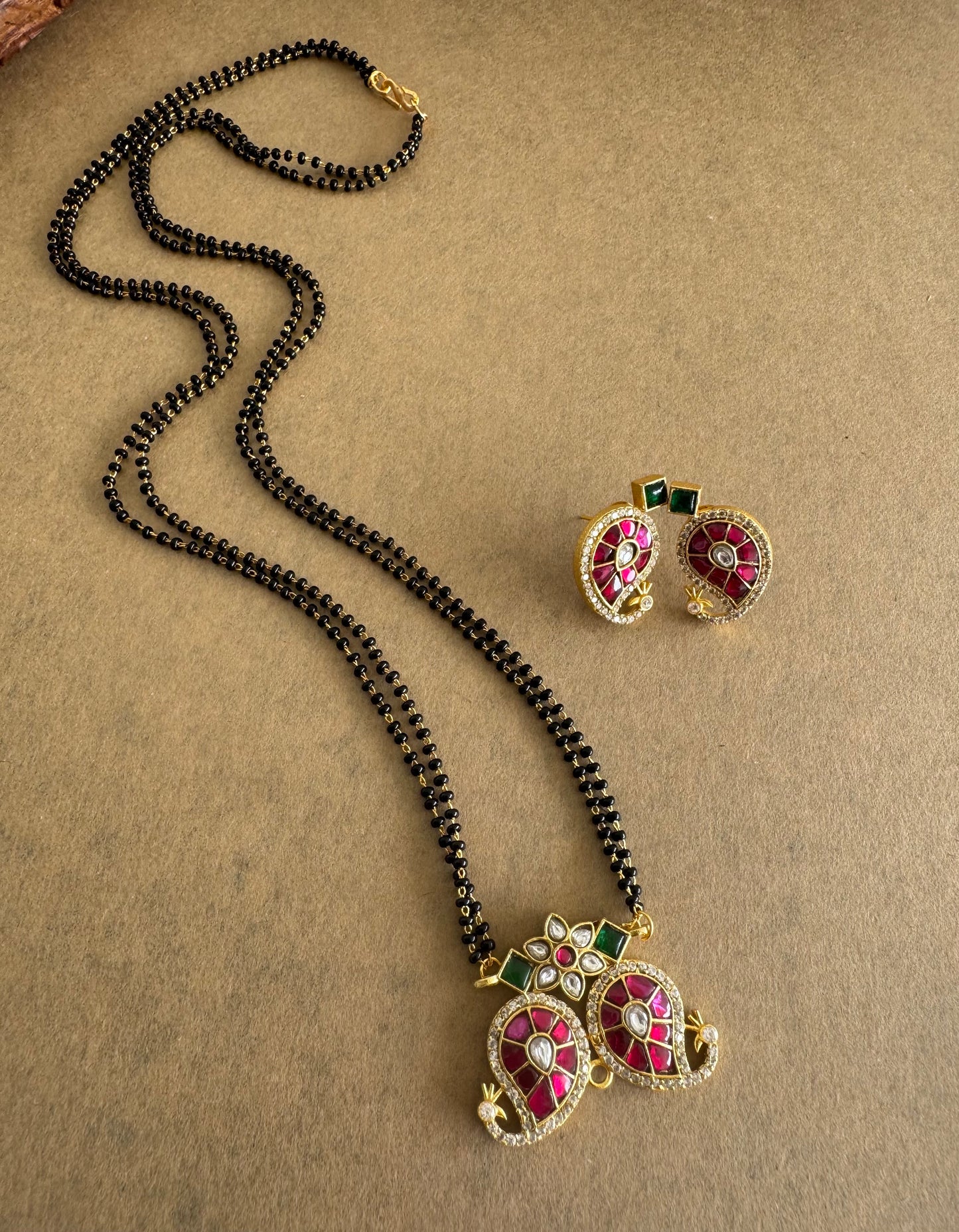 Matte finish pink-green-white kundan jadau mango 24 inches mangalsutra set dj-51540