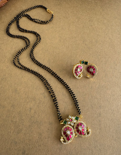 Matte finish pink-green-white kundan jadau mango 24 inches mangalsutra set dj-51540