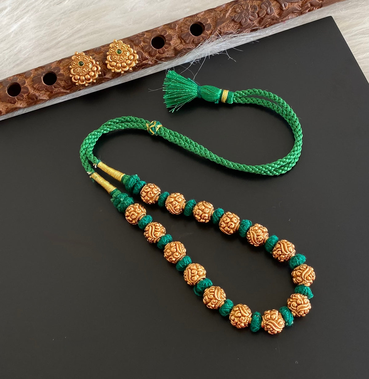 Antique gold tone green thread nakshi beaded necklace set dj-54953