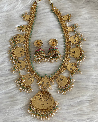 Antique gold tone peacock green beaded kundan jadau rice pearl haar set dj-54155