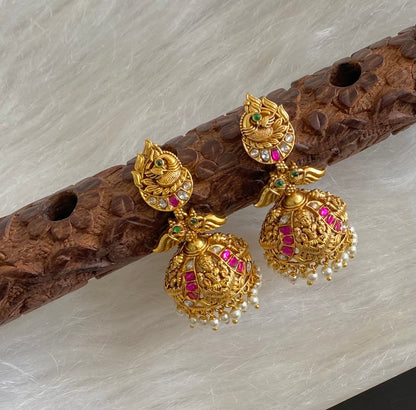 Gold tone pink-green-white stone peacock lakshmi pearl jhumkka dj-54598