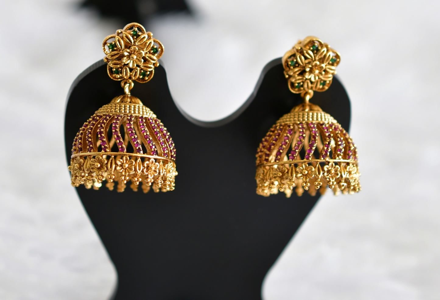 Antique gold tone ruby-green flower jhumkka dj-52165