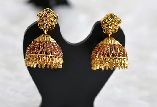 Antique gold tone ruby-green flower jhumkka dj-52165