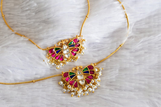 Gold tone pink-green-blue butterfly kundan jadau anklets dj-52389