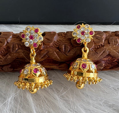Gold tone ad pink-white south indian flower jhumkka dj-51283