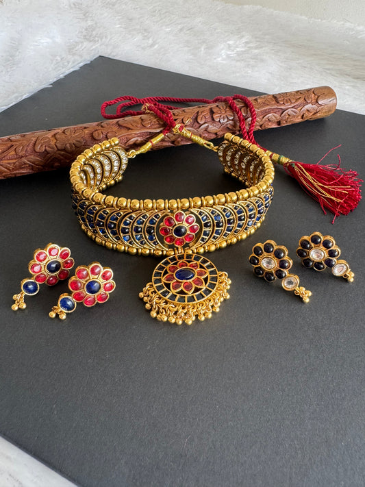 Matte finish kemp-blue-white flower reversible choker set dj-52143