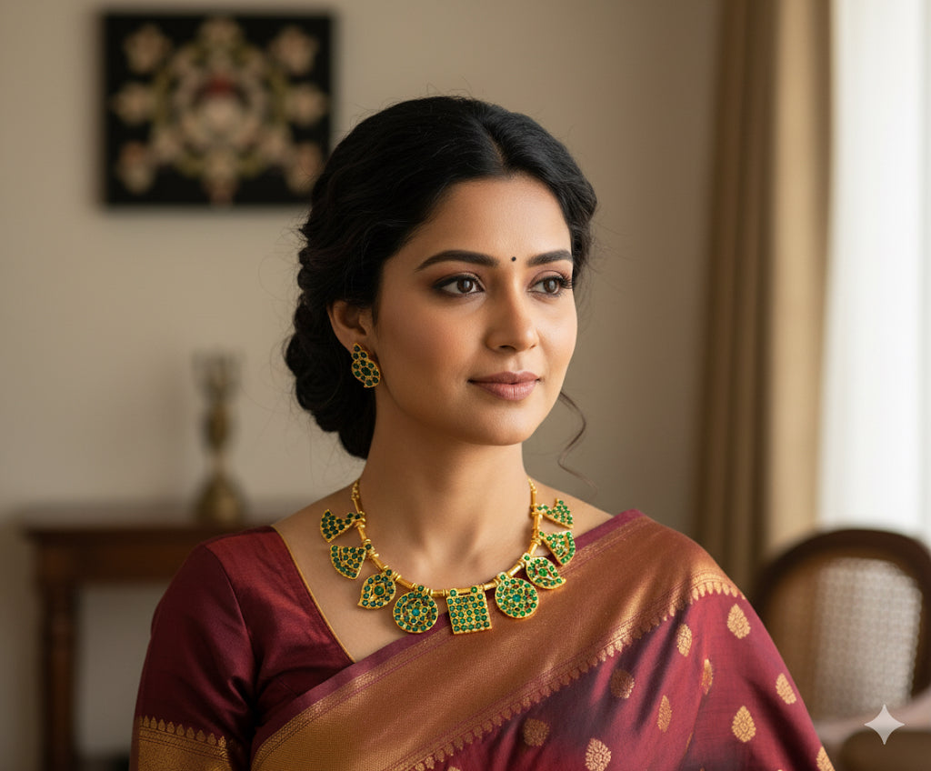 Gold tone green stone saradu attigai necklace set dj-47770