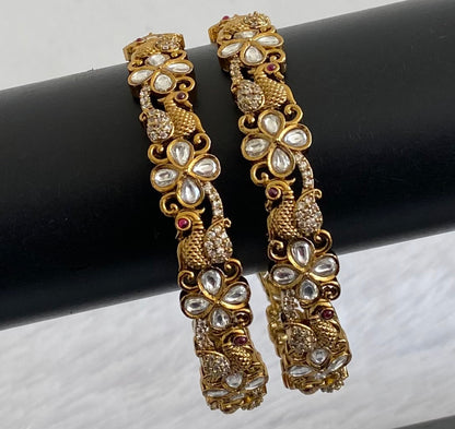 Antique gold tone pink-white stone peacock bangles(2.6) dj-53494