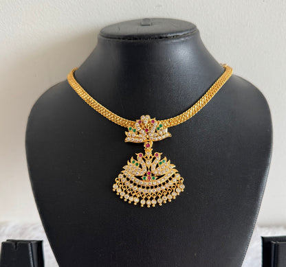 Gold tone South Indian style AD white-ruby-green swan attigai/necklace dj-52213