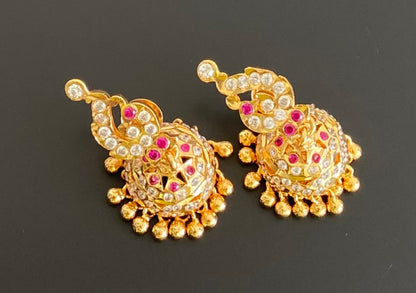 Gold tone AD pink-white south Indian peacock jhumkka dj-53593