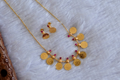 Gold tone pink stone lakshmi coin necklace set dj-50282