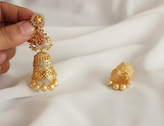 Gold tone Cz-white Pearl Peacock Jhumkka-dj17206