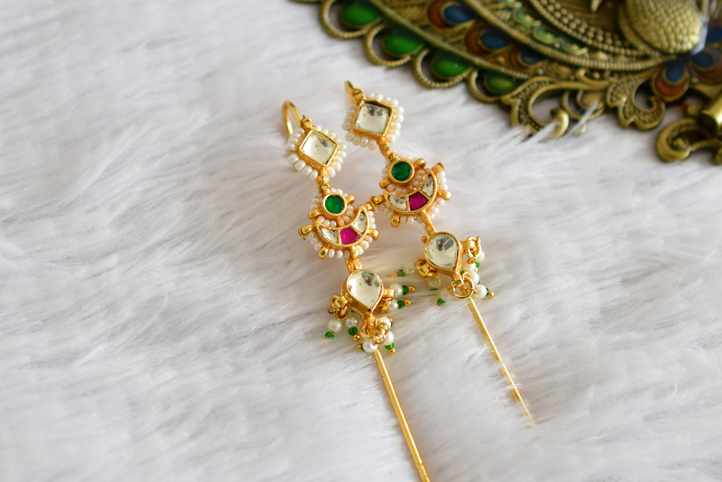 Gold tone pink-green kundan jadau moon bugadi needle earrings dj-52449