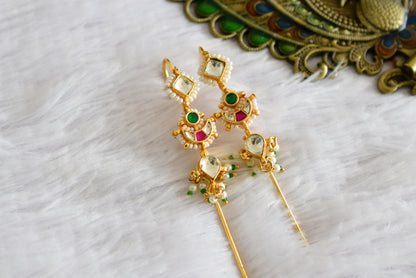 Gold tone pink-green kundan jadau moon bugadi needle earrings dj-52449