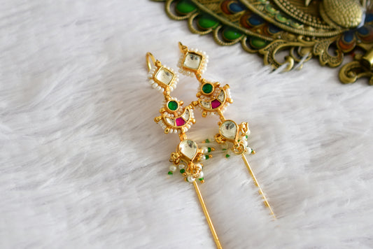 Gold tone pink-green kundan jadau moon bugadi needle earrings dj-52449