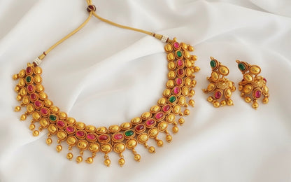 Antique Kemp-green Stone Kerala Style Necklace Set-dj17559