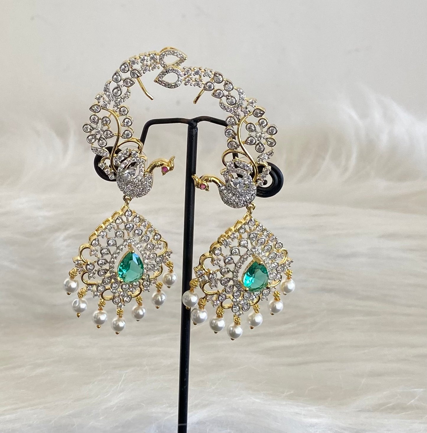 Two tone white-peacock green stone pearl peacock khanpool earrings dj-54657