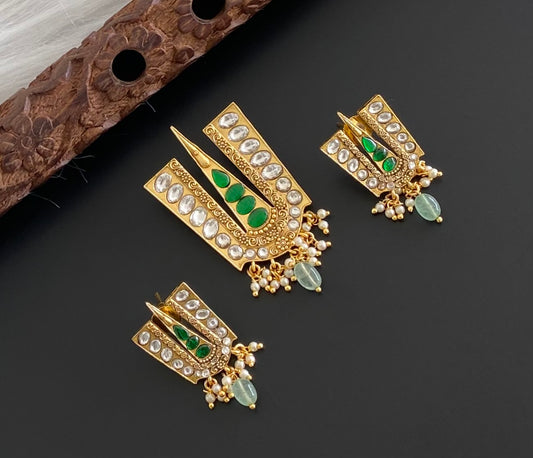 Gold tone white-green kundan jadau thirumal nama pendant set dj-53983