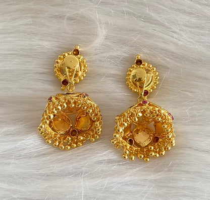 Gold tone kerala style pink-green 5 petals of palakka jhumkka dj-54304