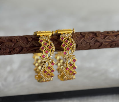 Gold tone pink-white kundan jadau screw type bangles(2.4) dj-51568