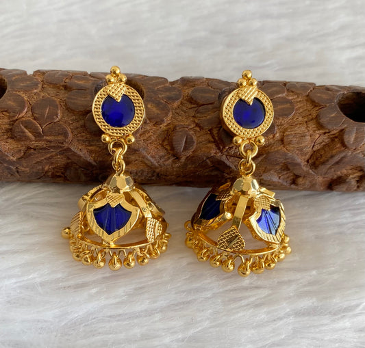 Gold tone kerala style blue 3 petals of palakka jhumkka dj-53127