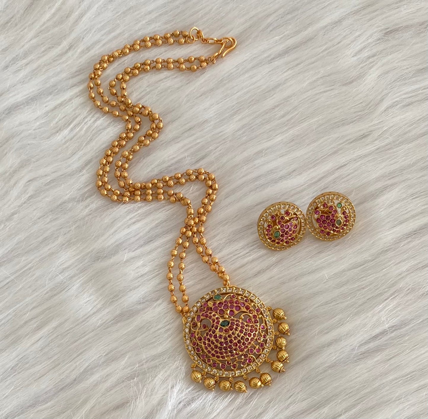 Antique gold tone kemp-green-white peacock chain with pendant set dj-54258
