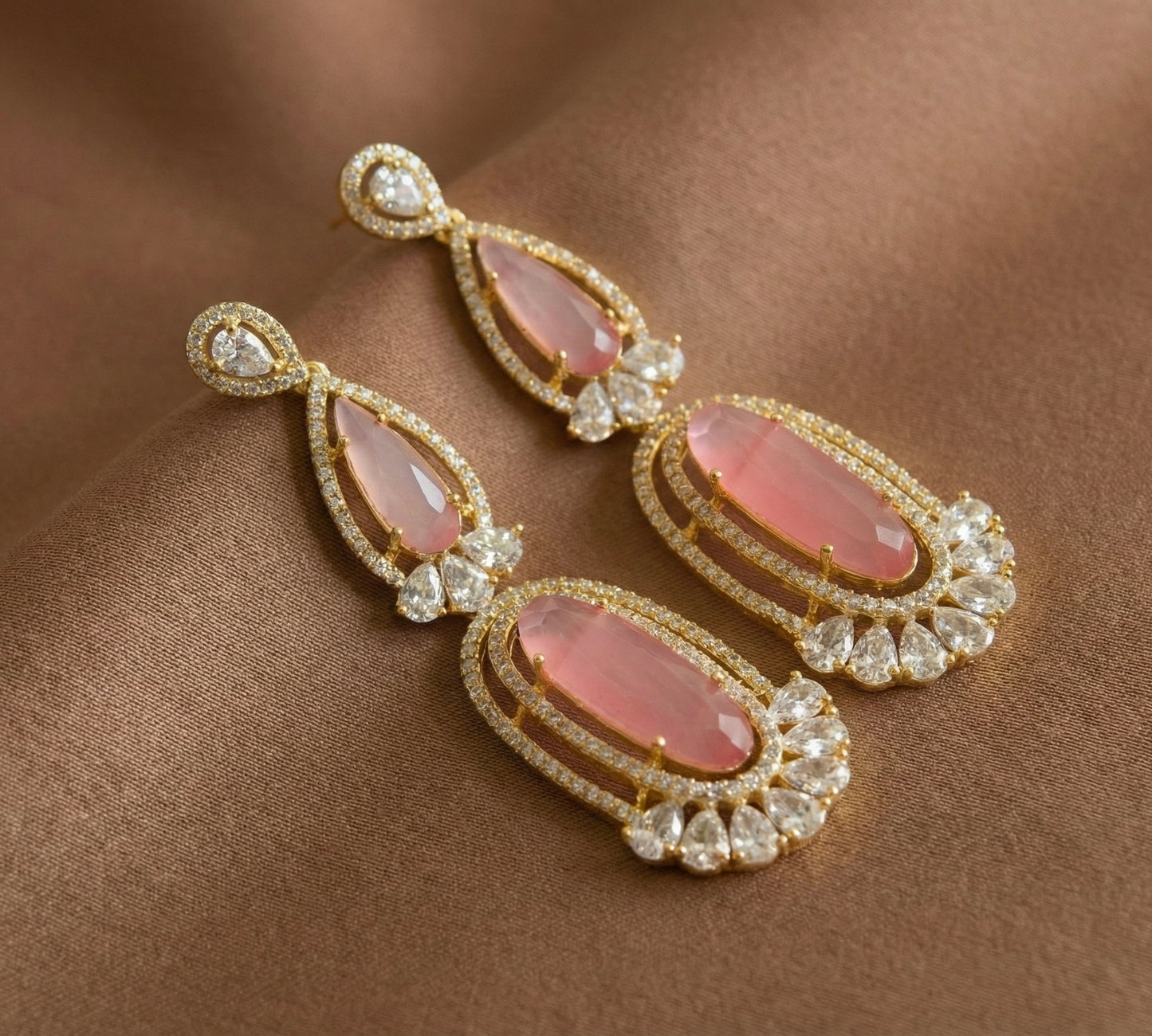 Gold Tone AD Baby Pink long Earrings DJ31418