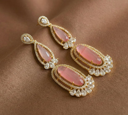 Gold Tone AD Baby Pink long Earrings DJ31418