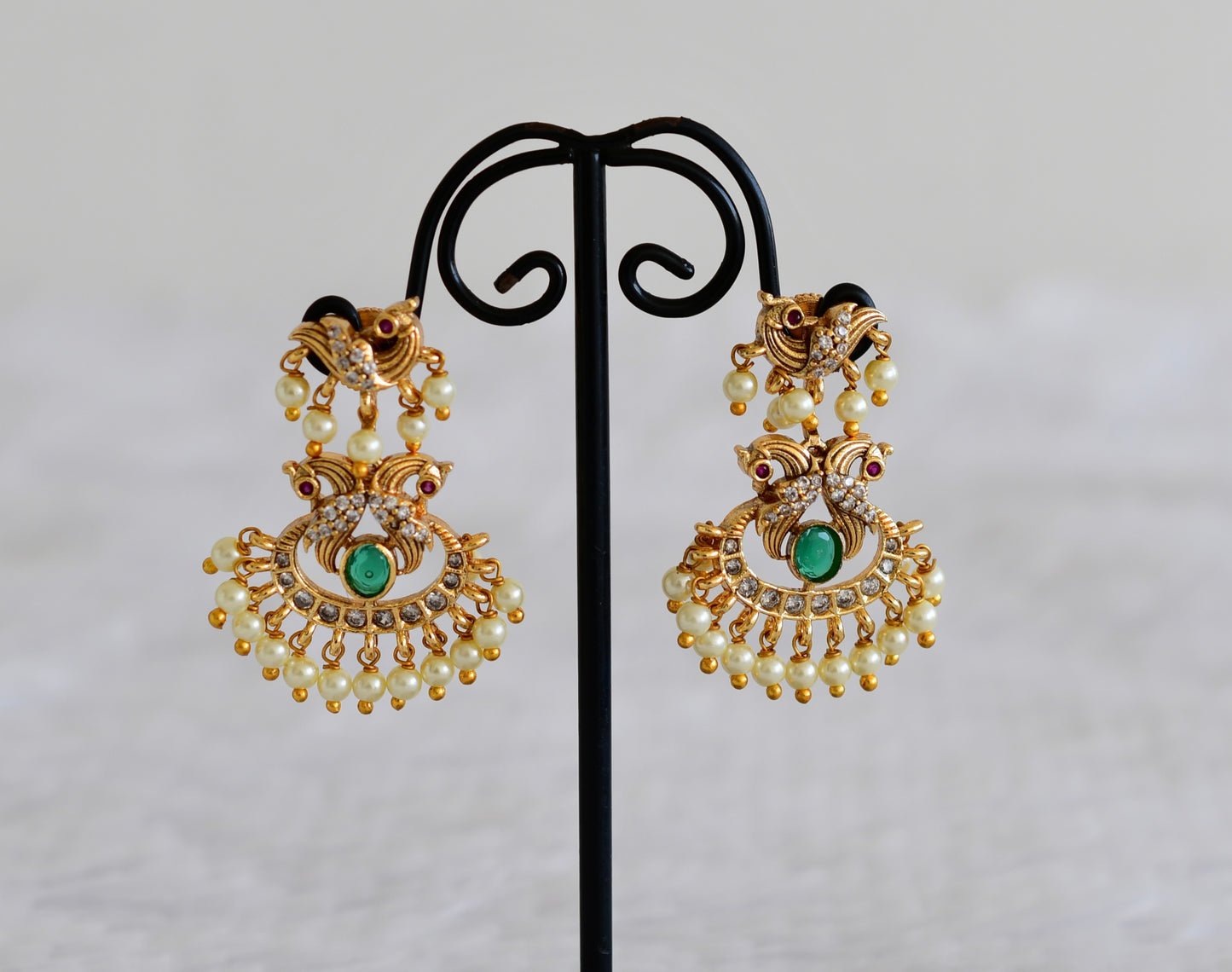 Matte finish pink-green-pearl peacock earrings dj-52561