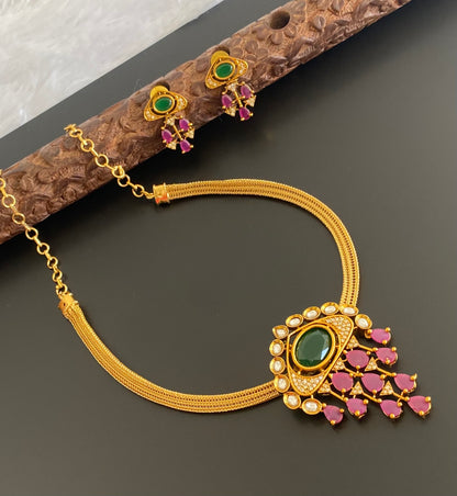 Matte finish ruby-green-white stone choker/necklace set dj-54022