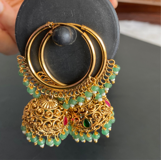 Antique gold tone pink-green beaded hoop jhumkka dj-51053