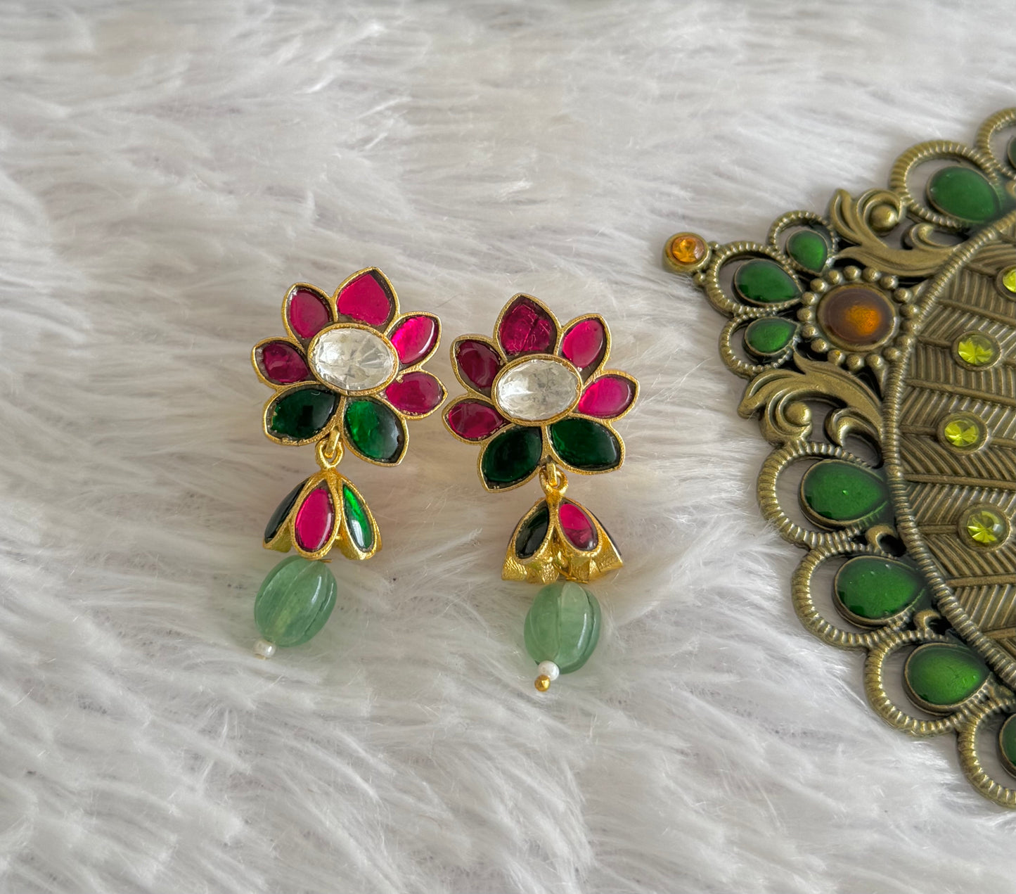 Gold tone pink-green-white kundan jadau lotus green beaded jhumkka dj-51503