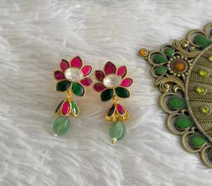 Gold tone pink-green-white kundan jadau lotus green beaded jhumkka dj-51503