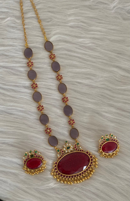 Matte finish purple stone big red oval peacock pendant short haar set dj-54254