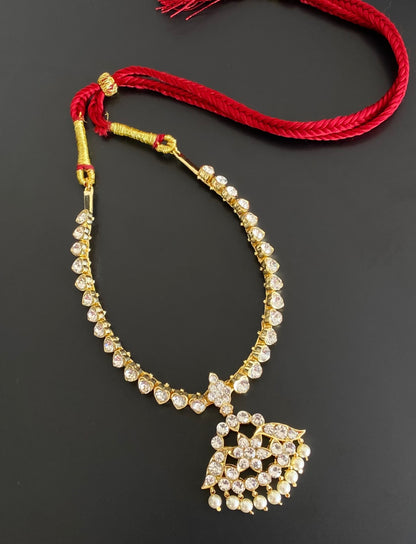 Gold tone AD white stone pearl attigai flower necklace dj-55132