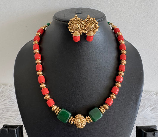 Matte finish coral-green beaded necklace set dj-52307