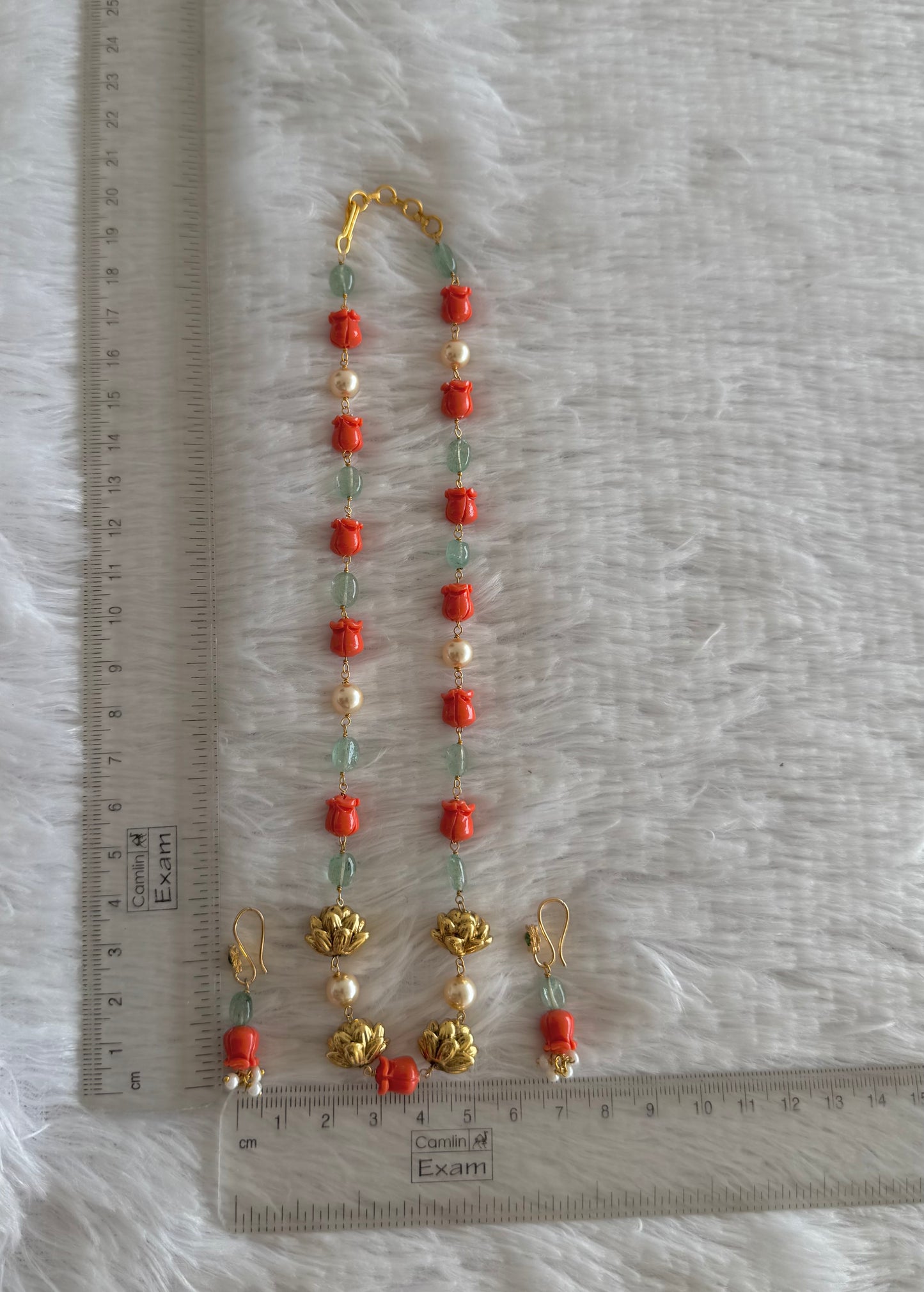 Matte finish coral-green-pearl lotus beaded necklace set dj-52084