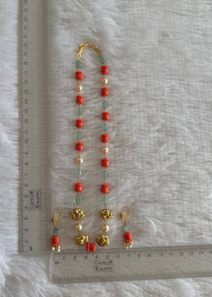 Matte finish coral-green-pearl lotus beaded necklace set dj-52084