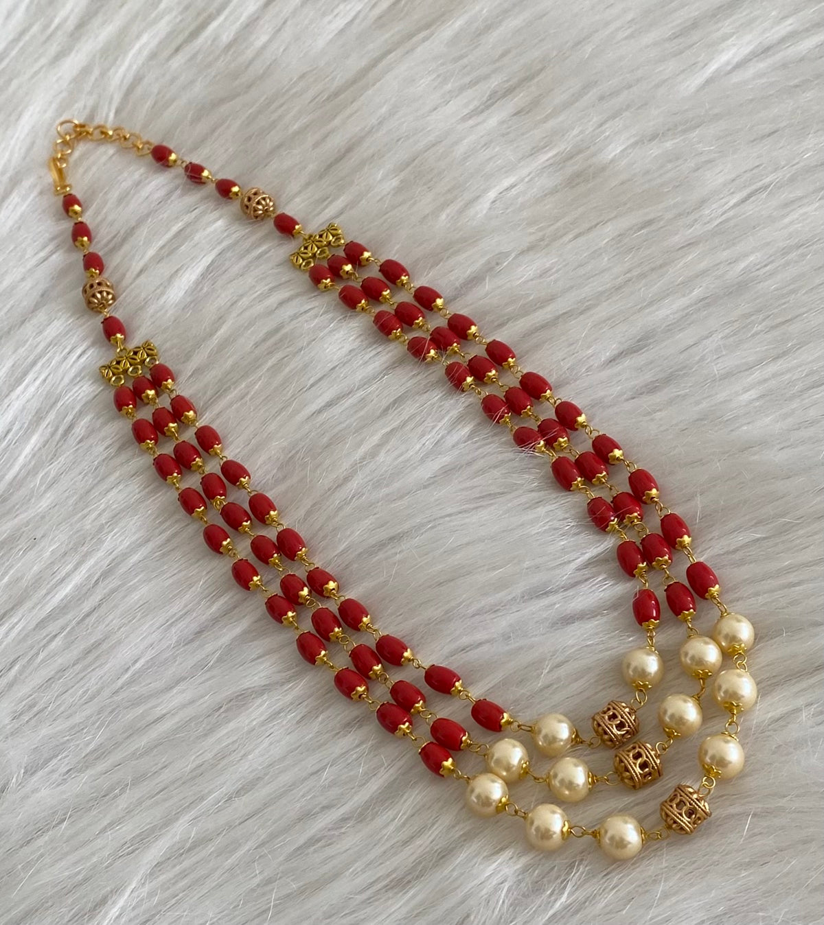 Antique gold tone multilayer coral-pearl beaded necklace dj-54981