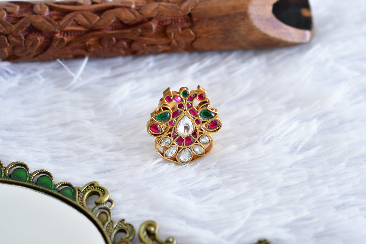 Gold tone pink-green-pearl kundan jadau peacock finger ring dj-52368