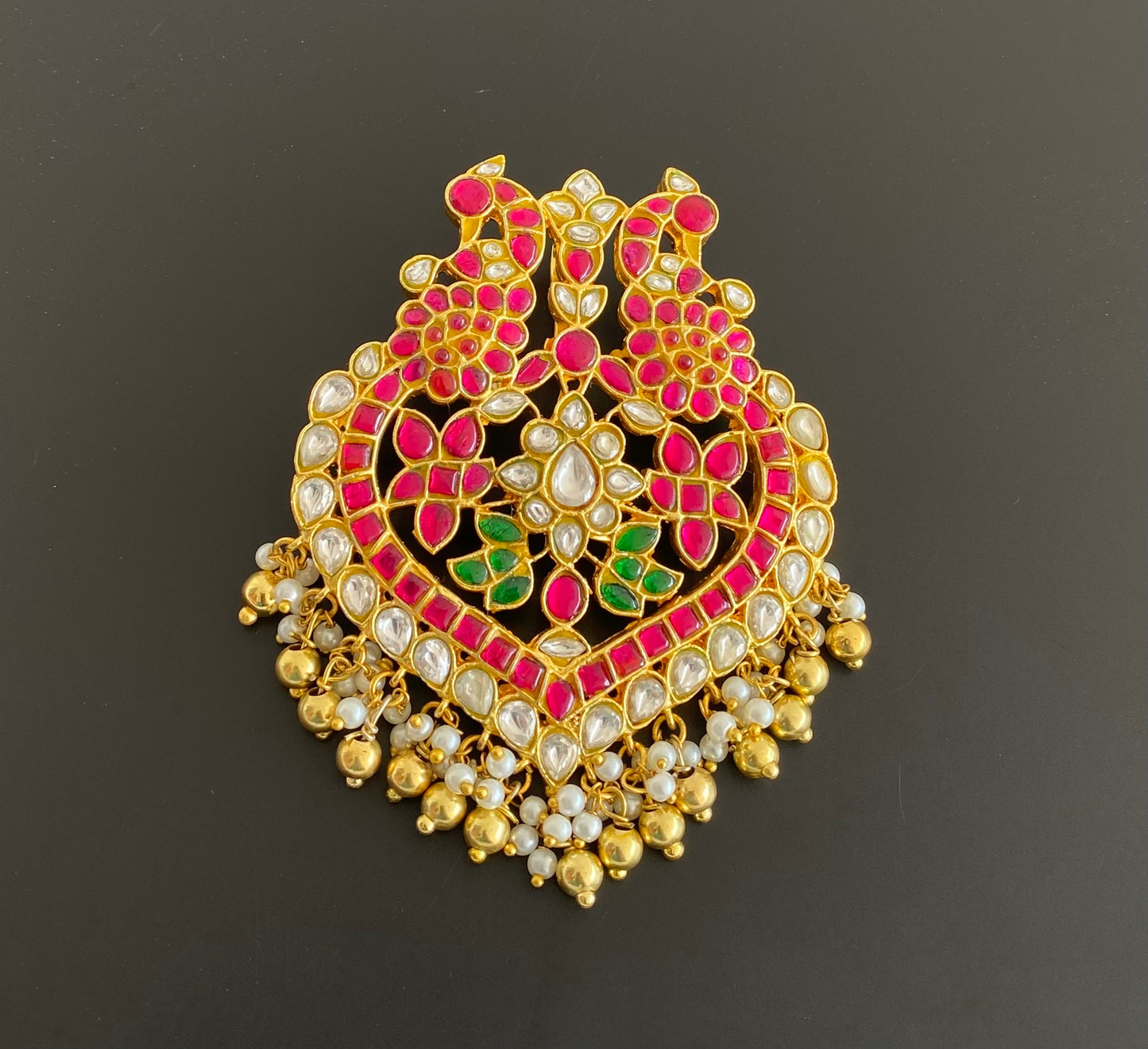 Gold tone pink-green-white kundan jadau peacock pendant dj-53176