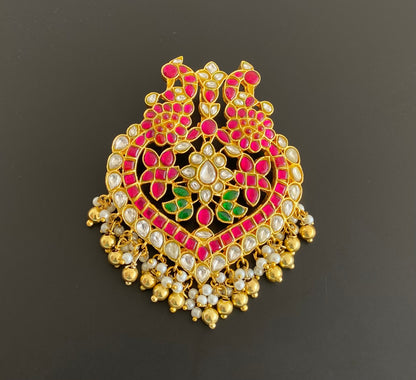 Gold tone pink-green-white kundan jadau peacock pendant dj-53176