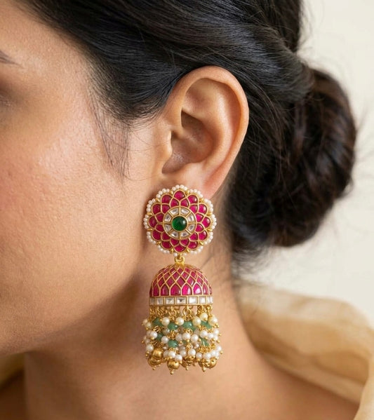Gold tone pink-white kundan jadau green beaded pearl big jhumkka dj-55100