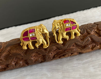 Gold tone pink-white kundan jadau elephant earrings dj-53534